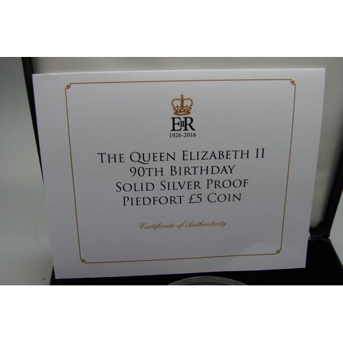 888 - A Queen Elizabeth II 90th Birthday Solid Silver Proof Piedfort £5 Coin, boxed and with certificate