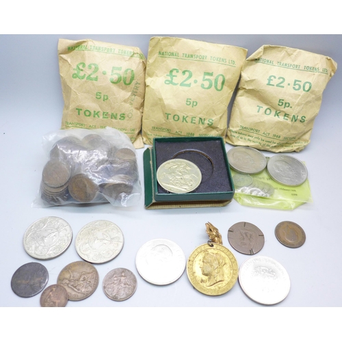 897 - Three bags of national transport tokens, together with coins including crowns