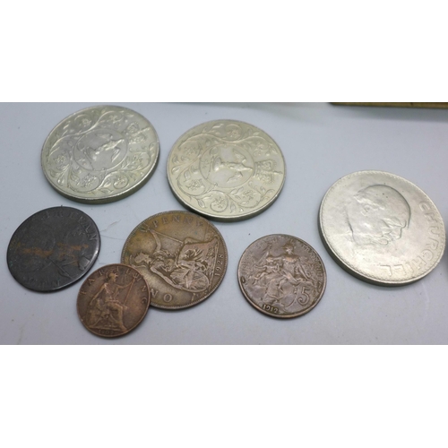 897 - Three bags of national transport tokens, together with coins including crowns