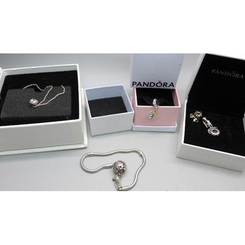 898 - A Pandora silver necklace, a Charm Co. silver bracelet, and 3 Pandora Disney charms - Olaf, Mulan an... 