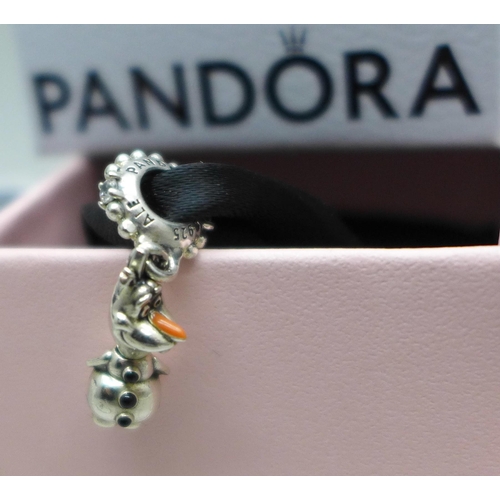 898 - A Pandora silver necklace, a Charm Co. silver bracelet, and 3 Pandora Disney charms - Olaf, Mulan an... 