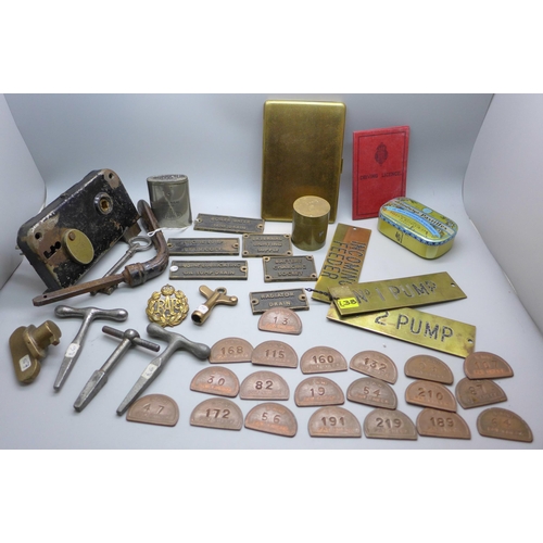 919 - A collection of machine tag plates, machine keys, pit chips, an RAF badge, driving licence, vesta ca... 