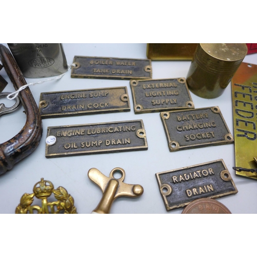 919 - A collection of machine tag plates, machine keys, pit chips, an RAF badge, driving licence, vesta ca... 