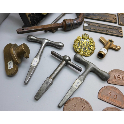 919 - A collection of machine tag plates, machine keys, pit chips, an RAF badge, driving licence, vesta ca... 