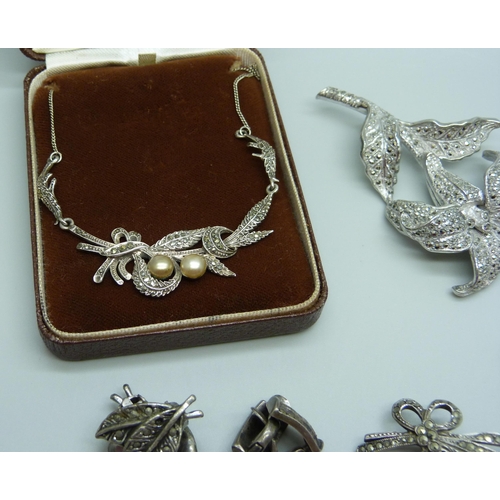 920 - A collection of marcasite jewellery including five silver pieces, 25g