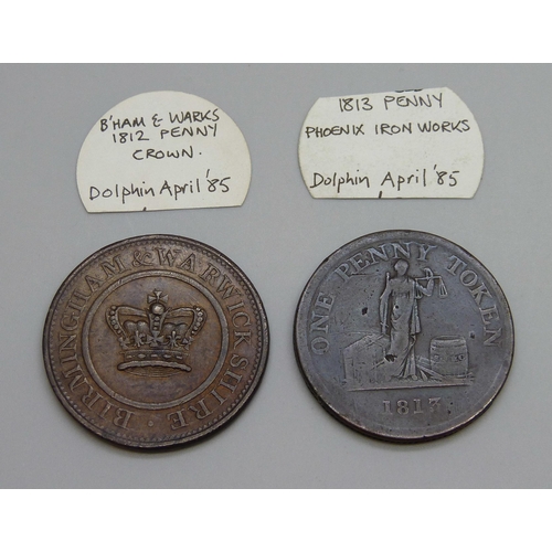 934 - Two 19th Century British token pennies - 1812 Birmingham and Warwickshire for general circulation, 1... 