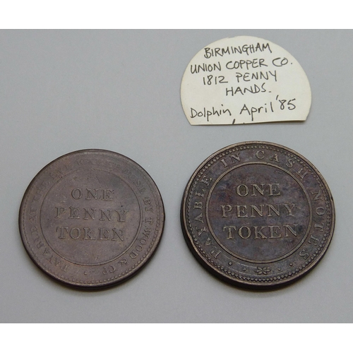 939 - Two 19th Century British token pennies - 1812 Birmingham Union Copper Company 'Hands' penny, 1811 Ly... 