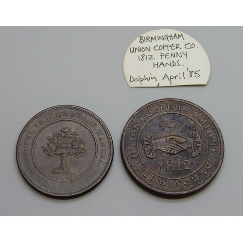 939 - Two 19th Century British token pennies - 1812 Birmingham Union Copper Company 'Hands' penny, 1811 Ly... 