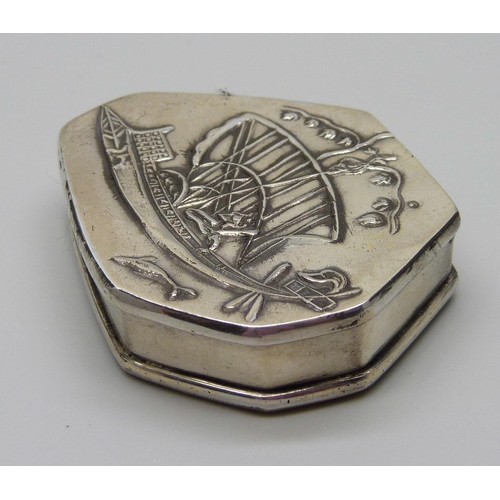 945 - A Continental silver box with embossed sail boat design, partially stamped 925 and R.C., 25g, 4 x 5.... 