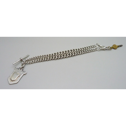 948 - A graduated curb link double Albert chain with silver fob, T bar hallmarked Birmingham, 1916, 65g, 3... 