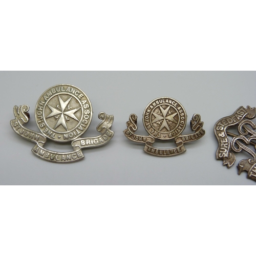 951 - Two silver ARP badges, two St John's Ambulance badges and a Boy's Brigade example