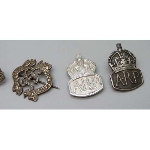 951 - Two silver ARP badges, two St John's Ambulance badges and a Boy's Brigade example