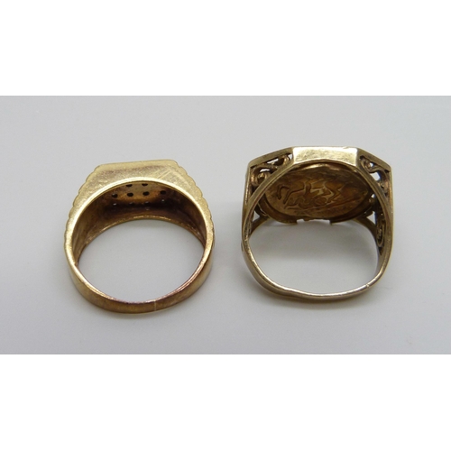 963 - Two 9ct gold rings, one a/f for scrap, 12.8g total, V