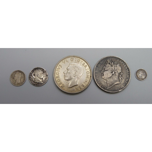 965 - An 1821 crown, a 1937 crown, and three other silver coins