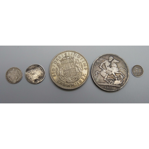 965 - An 1821 crown, a 1937 crown, and three other silver coins