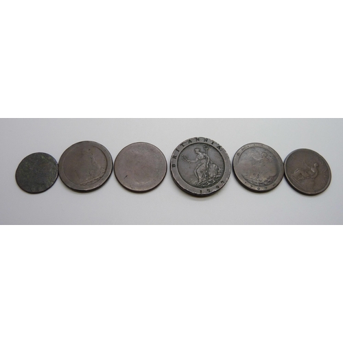 967 - A Cartwheel two penny, three Cartwheel pennies and two other Georgian coins