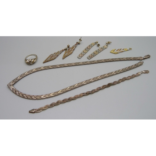 980 - A collection of multi-tone silver gilt jewellery, 66g, together with a plated pendant (lacking loop)