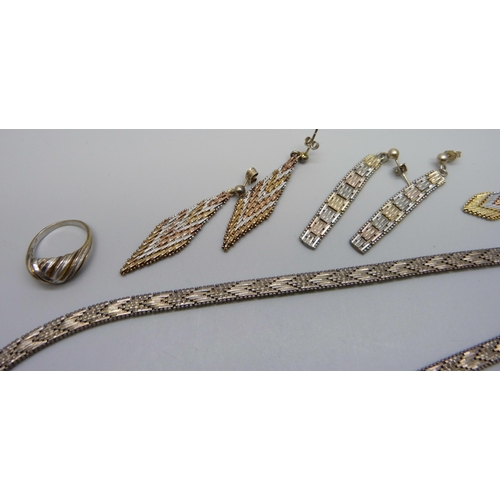 980 - A collection of multi-tone silver gilt jewellery, 66g, together with a plated pendant (lacking loop)