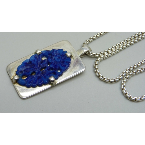 987 - A silver pendant & chain set with a carved blue Oriental style plaque, 32g, 2.2 x 4.5cm