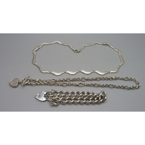 997 - Two silver necklaces and a silver bracelet, 147g total