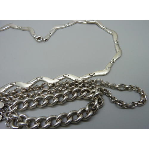 997 - Two silver necklaces and a silver bracelet, 147g total