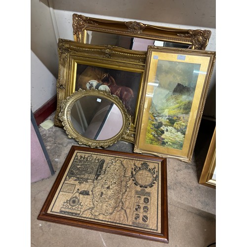 390 - Two gilt framed mirrors, two prints & a map