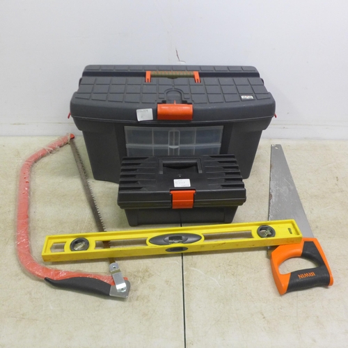 5023 - A Zag tool box and one other toolbox containing  a quantity of tools including a spirit level, an Ir... 