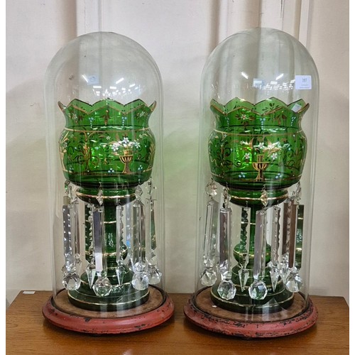 397 - A pair of Victorian hand painted green glass lustre vases in two glass domes