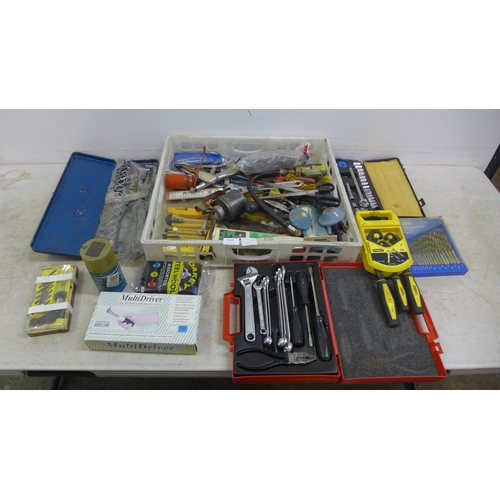 5010 - A quantity of assorted hand tools including socket sets, files, drill bits, a Stanley set etc.