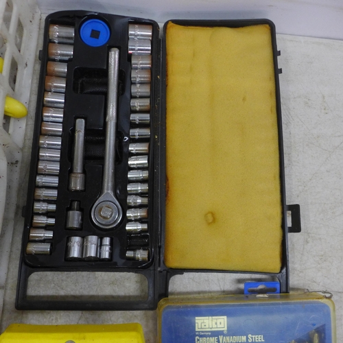 5010 - A quantity of assorted hand tools including socket sets, files, drill bits, a Stanley set etc.