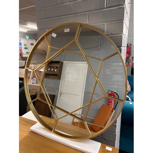 3073 - A gold metal framed round mirror, 80cm