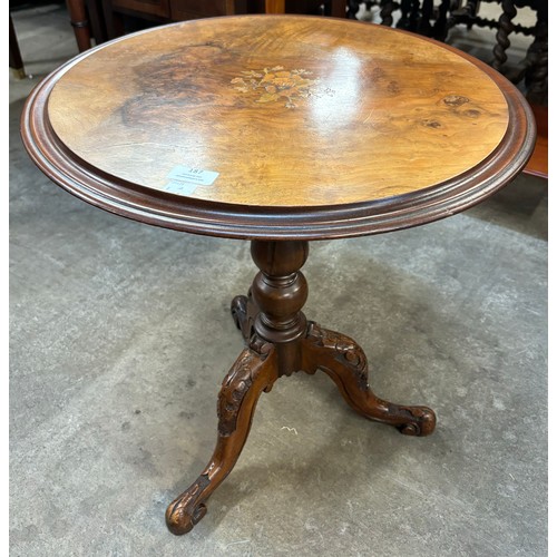 187 - A Victorian inlaid walnut tripod wine table