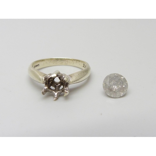 1003 - A 9ct white gold ring, claws a/f, 3g, with a loose diamond (a/f), diamond approximately 6mm