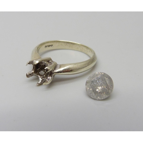 1003 - A 9ct white gold ring, claws a/f, 3g, with a loose diamond (a/f), diamond approximately 6mm