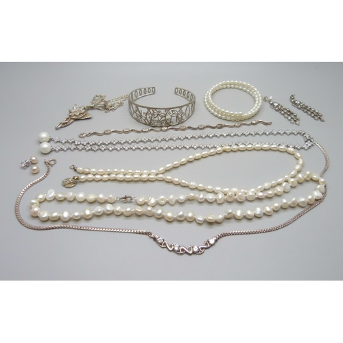 1015 - A collection of stone set silver jewellery, 78g, together with two strings of pearls (one clasp plat... 