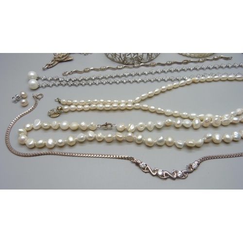 1015 - A collection of stone set silver jewellery, 78g, together with two strings of pearls (one clasp plat... 