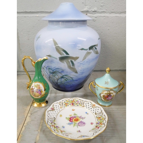 1033 - A Falcon Ware Chang No.1 Misty Morn vase and cover, a Limoges chocolate cup and a German porcelain p... 