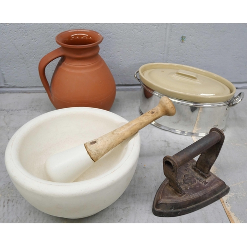 1038 - An EPNS casserole dish with stone ware insert, a flat iron, a Wedgwood pestle and mortar and a Wedgw... 