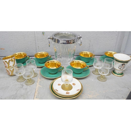 1046 - A collection of French china and glassware including LPN France cups and saucers, liquor glass and g... 