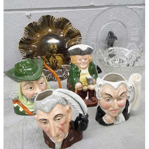 1052 - A large collection of toby and character jugs together with collectors plates, a glass Queen Elizabe... 