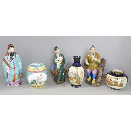 1062 - Three oriental figures, a Japanese Satsuma vase and pot (lacking lid), and a Chinese porcelain ginge... 