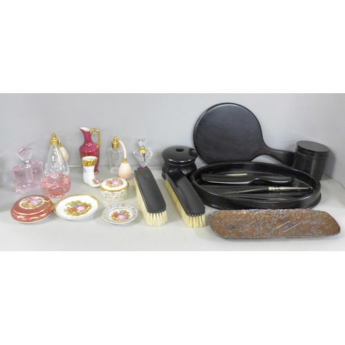 1063 - An ebony dressing table set and a collection of glass scent bottles, etc. **PLEASE NOTE THIS LOT IS ... 