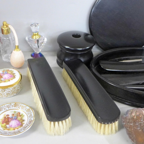 1063 - An ebony dressing table set and a collection of glass scent bottles, etc. **PLEASE NOTE THIS LOT IS ... 