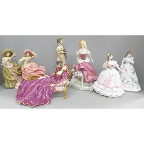 601 - Seven model figures, including Royal Worcester Queen of Hearts and The Masquerade Begins, both limit... 