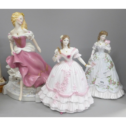 601 - Seven model figures, including Royal Worcester Queen of Hearts and The Masquerade Begins, both limit... 