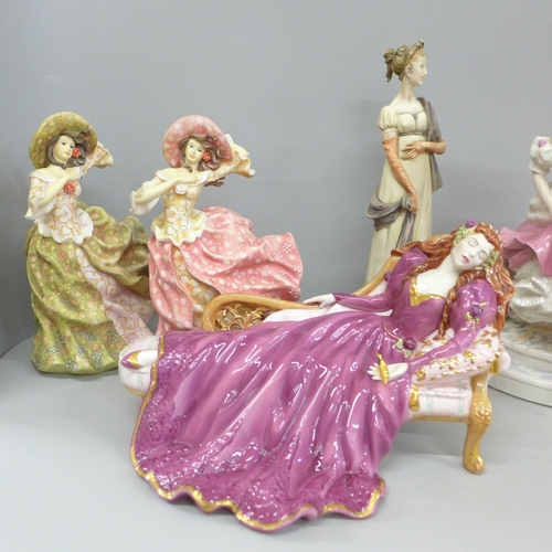 601 - Seven model figures, including Royal Worcester Queen of Hearts and The Masquerade Begins, both limit... 