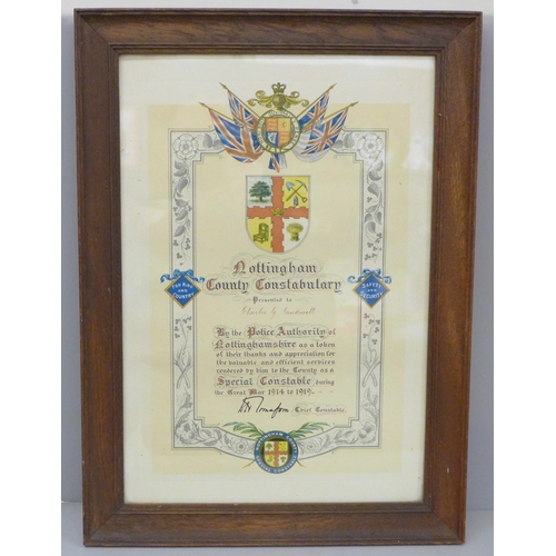 605 - A framed certificate, Nottingham County Constabulary, to Charles G Caudwell, WWI period