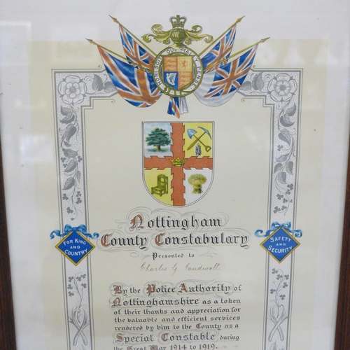 605 - A framed certificate, Nottingham County Constabulary, to Charles G Caudwell, WWI period