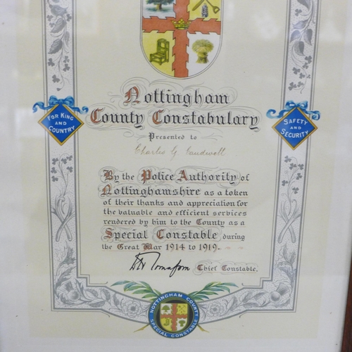 605 - A framed certificate, Nottingham County Constabulary, to Charles G Caudwell, WWI period