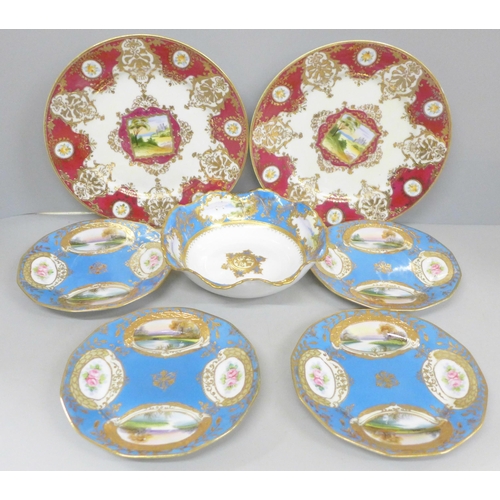 630 - A pair of Noritake plates with landscape scenes to the centre, a set of four plates, each with lake ... 